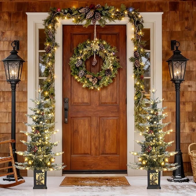 Small 3.5 FT Pre-Lit Christmas Tree with Ligths Snow Flocked Tabletop Christmas Tree with Sleigh Base for Home Office Xmas Decor, Battery Operated and Timer Function