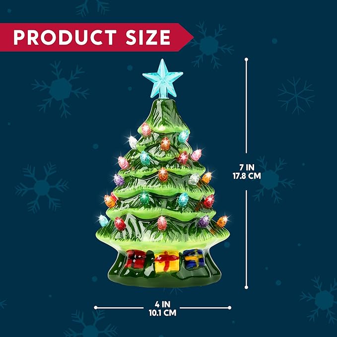 Joiedomi 7" Ceramic Christmas Tree with Gift Box, Mini Prelit Tabletop Christmas Tree with Multicolored Bulbs for Best Desk Decoration