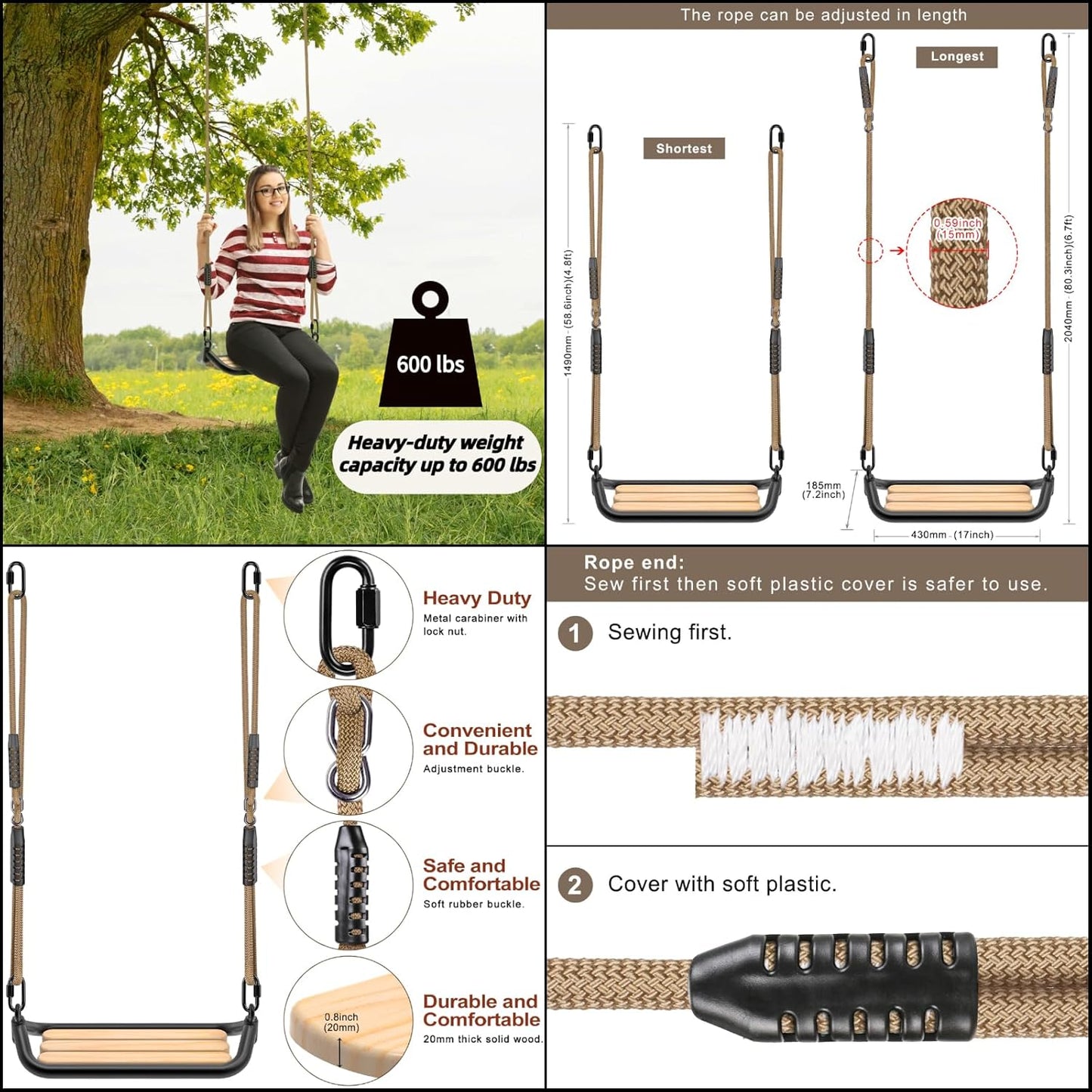 SELEWARE Hanging Wood Swing Seat Tree Swing for Kids, 100% Polyester Weather Proof Rope Heavy Duty Steel Tubing Structure Backyard Swing Set Replacement