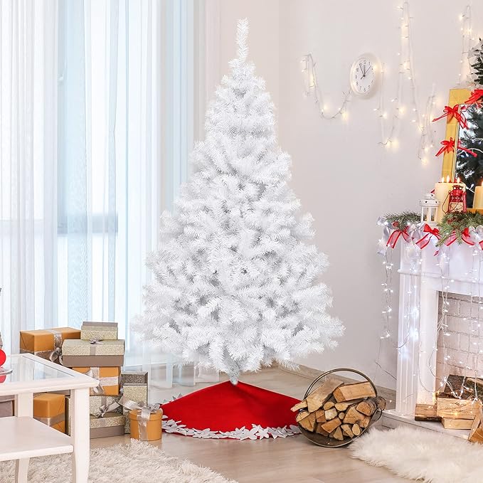 HAPPYGRILL 6 Feet White Artificial Christmas Tree with 1000 PVC Branch Tips Unlit Hinged Xmas Pine Tree with Sturdy Metal Base, Artificial Pine Tree for Indoor Outdoor Decor