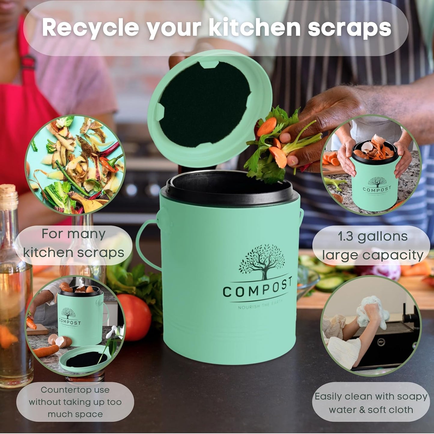 Perfnique Kitchen Compost Bin, 1.3 Gallon Countertop Compost Bin with Lid, Indoor Compost Bucket Includes Inner Bucket Liner and Carbon Filter, Small Compost Bin with Trash Bags (with Bags, Mint)