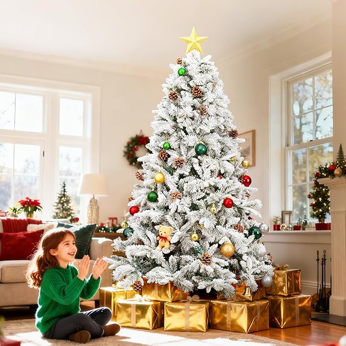 6ft Pre-lit Christmas Tree with Double-Sided Five-Fork PE & PVC Needles, Dense Realistic Pine Design, Easy Assembly Holiday Decoration Tree