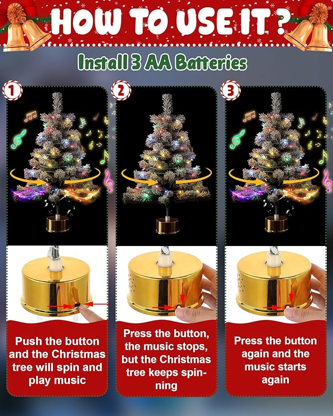 2ft Rotating Snow Flocked Tabletop Christmas Tree with Light and Music, 360° Spinning Mini Pre-lit Xmas Tree with Base Christmas Decor for Small Space Home Office Desk Holiday Gift