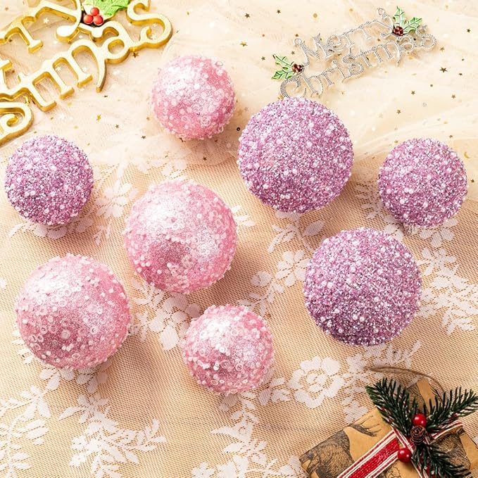 8CT Christmas Ball Ornaments, Pink Christmas Ball Decorations Shatterproof Plastic Hanging Pearl Balls for Holiday Party(90mm/3.54")