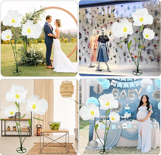 3Pcs Giant Artificial Flowers 3D Decorations Flower with Stand Base, Indoor Outdoor Art Home Decorative for Wedding Reception Arrangement Birthday Party Bridal Shower Baby Shower (White)