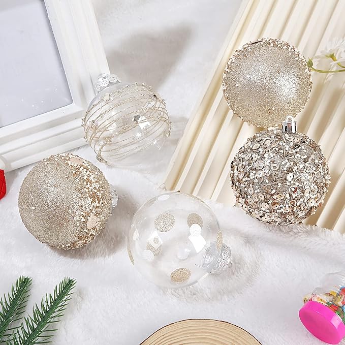 Clear Christmas Ball Ornaments for Christmas Tree Decorations Hanging Balls 8 Pcs 3.15" Glitter Crystal Champagne Shatterproof Christmas Ornaments Balls Set for Xmas Wedding Party Holiday Home Decor