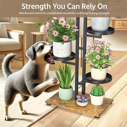 LASZOLA Black 5 Tiered Plant Stand Indoors Heavy Duty Metal Rack, Sturdy Multi Level Shleving Hold Flowers, Larger House Decorate Ladder for Planting Inside Tree Herb Cactus, Wooden Base, Space Saving