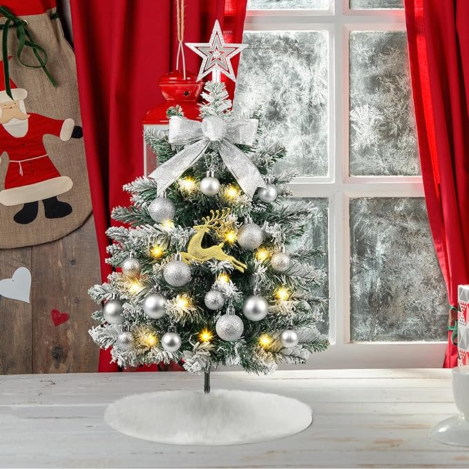 N&T NIETING 24 Inch Small Christmas Tree with Lights, Mini Flocked Christmas Tree Set, 2FT Table Top Artificial Christmas Trees with Ornaments, Little Xmas Tree for Holiday DIY Christmas Decoration
