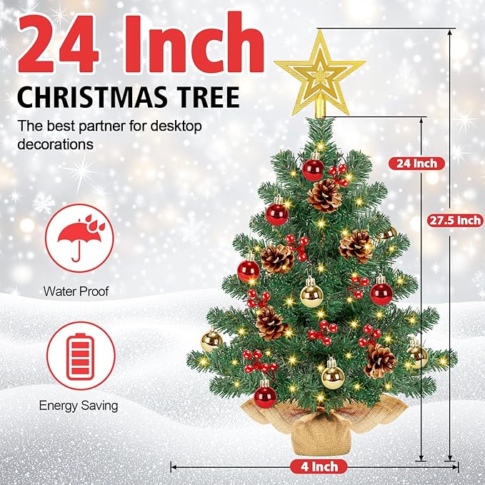 [ Timer & 8 Modes] 24 Inch Artificial Mini Christmas Tree with 50 Warm White Lights Star Treetop and Ornaments Small Tabletop Christmas Tree for Indoor Home Table Christmas Decorations