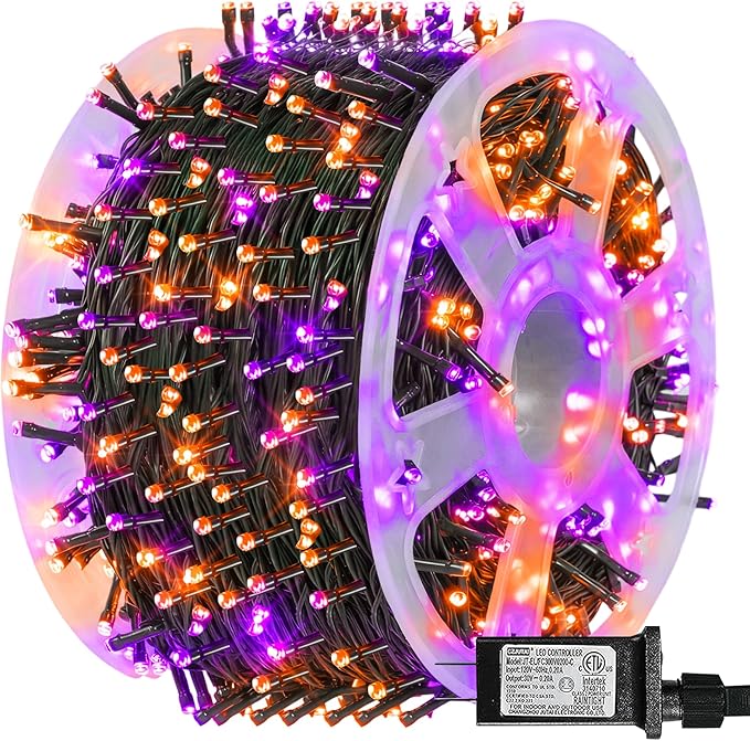 Dazzle Bright 164 FT 500 LED Halloween String Lights, Waterproof Halloween String Lights Black Wire with 8 Modes, Outdoor Halloween Decorations for Indoor Party Yard Wedding Decor, Purple & Orange