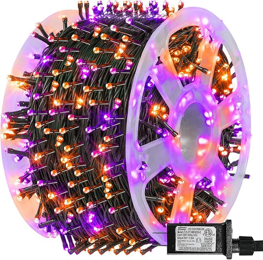 Dazzle Bright 164 FT 500 LED Halloween String Lights, Waterproof Halloween String Lights Black Wire with 8 Modes, Outdoor Halloween Decorations for Indoor Party Yard Wedding Decor, Purple & Orange