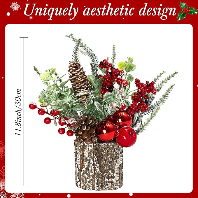 Small Christmas Tree for Tabletop, Artificial Mini Christmas Tree Decorations with Red Berry Pine Cone Pine Picks, Xmas Ornaments Indoor Home Holiday Decor (1 Pack)