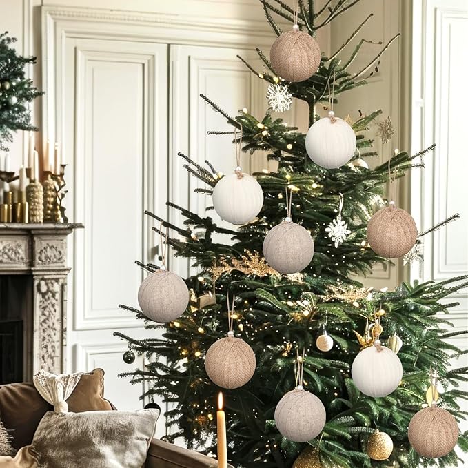Syhood 12 Pcs Rustic Christmas Ball 3.15 Inch Neutral Farmhouse Christmas Tree Ornaments Shatterproof Hanging Cottage Burlap Fabric Textured Ball for Xmas Tree Party Garlands Wreath Home Decor