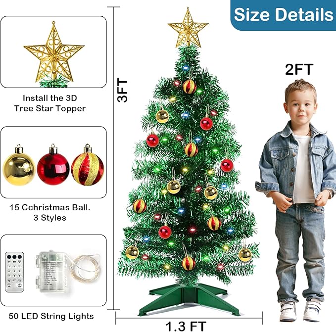 3 Ft Green Christmas Tree with 12 Modes Timer 50 LED Four Color & Lights DIY 15 Ball Ornaments 3D Star Artificial Xmas Tree for Indoor Home Holiday Party Decoration