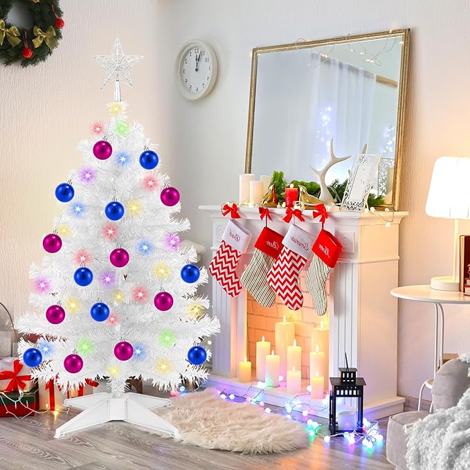 [ Remote Control & 8 Modes ] 3 Ft Christmas Tree with Timer 50 Warm White & Multi Color Lights, 15 DIY Ornaments 3D Star Topper - Artificial Small Christmas Tree for Home Indoor Tables - White