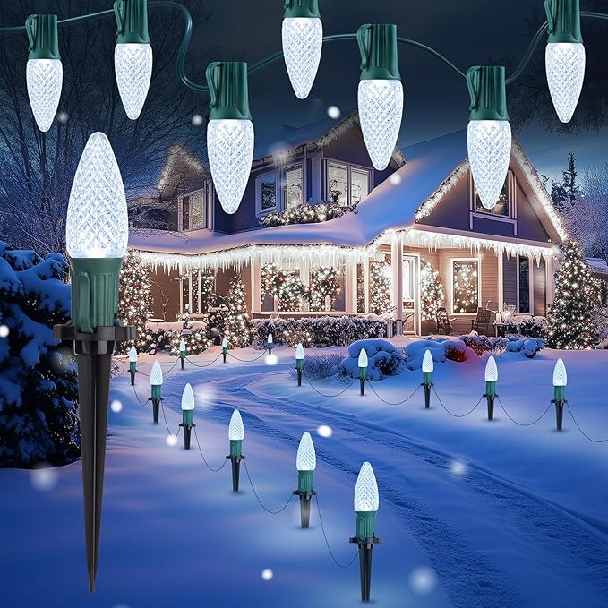 Brightown C9 Christmas Lights Outdoor, 25.7 Ft Strawberry C9 Christmas Pathway Lights with 20 LED Bulbs and Stakes, Christmas Decorations Outside Walkway Sidewalk Holiday, Pure White