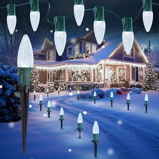 Brightown C9 Christmas Lights Outdoor, 25.7 Ft Strawberry C9 Christmas Pathway Lights with 20 LED Bulbs and Stakes, Christmas Decorations Outside Walkway Sidewalk Holiday, Pure White