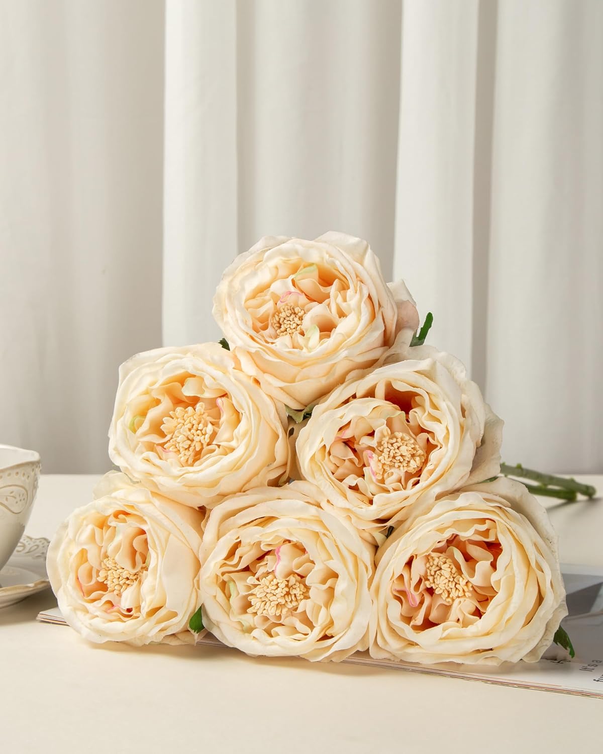 DuHouse 5Pcs Silk Roses Fake Champagne Roses with Stems Real Touch Rose Artificial Flowers for Arrangement Wedding Party Home Decoration