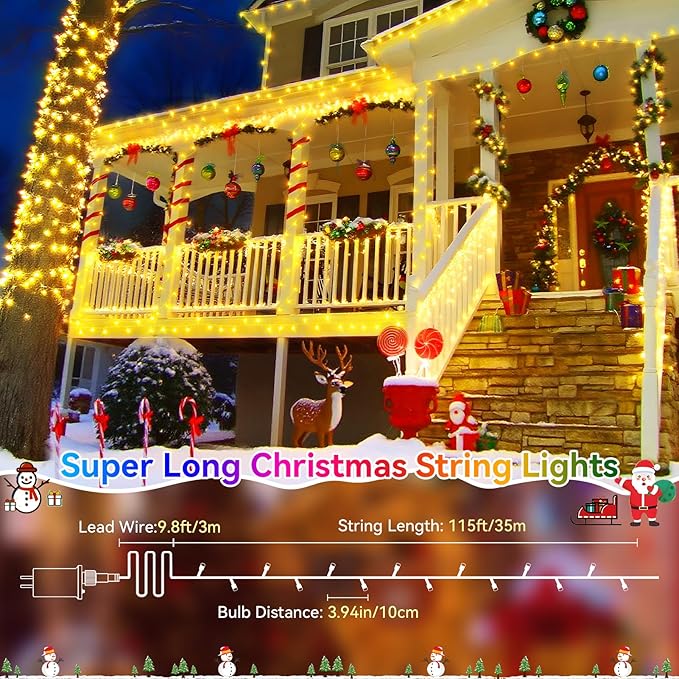 Heceltt Christmas Lights Outdoor, 125FT 350 LED String Lights 8 Modes and Timer Memory Function Twinkle Fairy Lights Waterproof Plug in for Xmas Tree Wedding Party Holiday Decor(Warm White)
