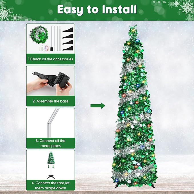 5FT Pop Up Christmas Tree with 90 LED Lights, Collapsible Artificial Pencil Christmas Tree, Tinsel Skinny Christmas Trees for Home Apartment Porch Indoor Outdoor Holiday Decorations