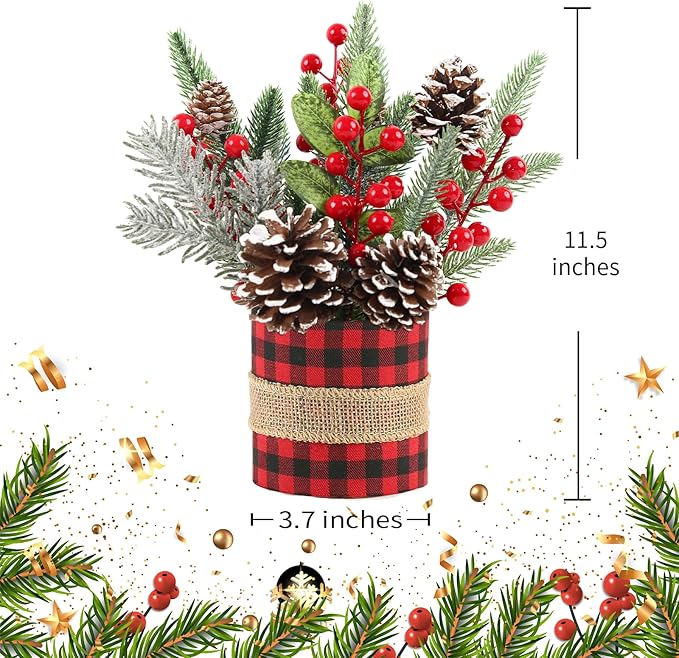 Small Tabletop Christmas Tree, Artificial Mini Christmas Tree Decorations with Pine Cones Red Berries and Green Plants, Suitable for Christmas Decorations Indoor Tables in Households