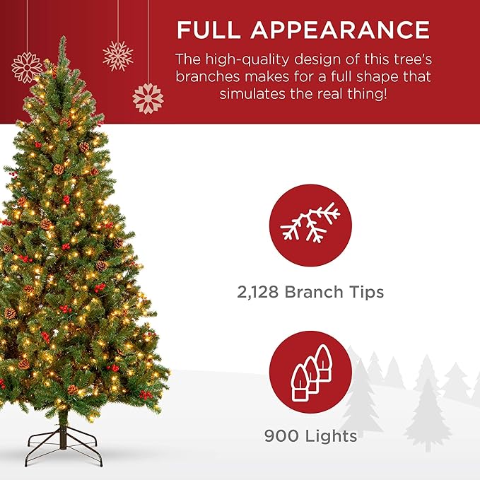 Best Choice Products 9ft Pre-Lit Pre-Decorated Spruce Hinged Artificial Christmas Tree w/ 2,128 Tips, Pinecones, Berries, 900 Lights, Metal Base