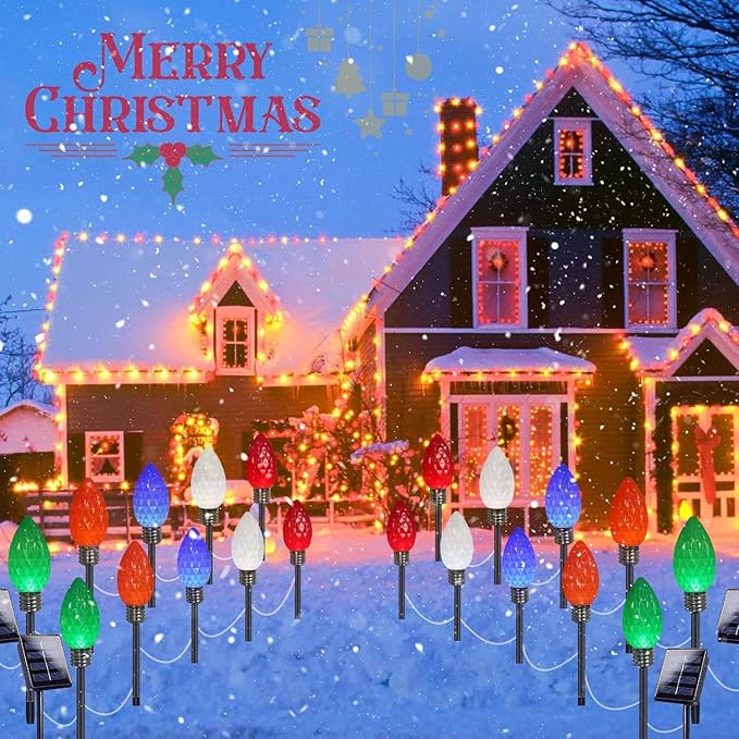 IDEAALS 10 Pack Jumbo Multicolor Solar C9 Christmas Lights Outdoor，LED Solar Pathway Lights Waterproof, Strawberry Light Christmas Decorations Outdoor for Walkway Party Patio Garden Lawn Yard Decor