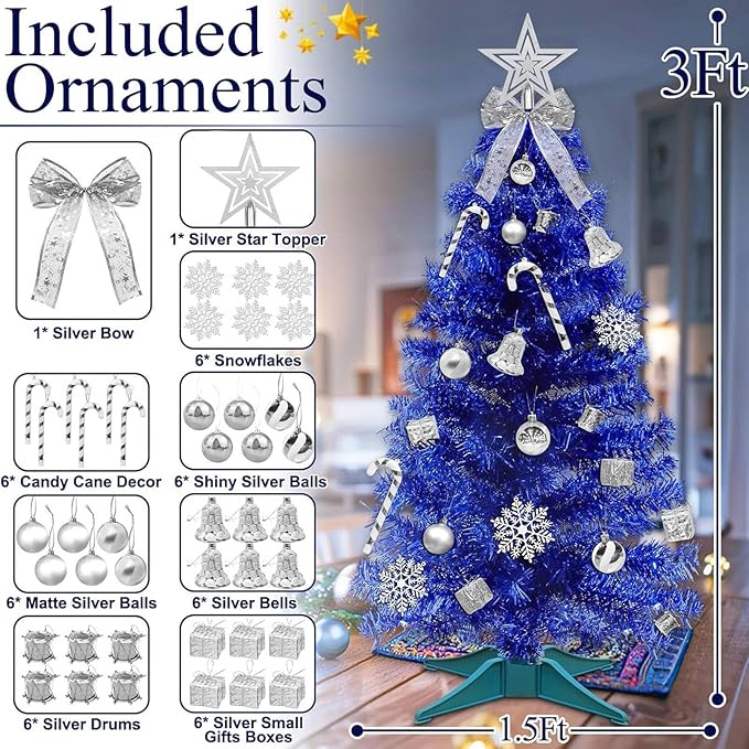 3 FT Artificial Small Christmas Tree Hanukkah Decor 50 Warm White & Multicolor Changing Lights Remote Control Timer 8 Modes DIY Ball Ornaments Christmas Tree for Tabletop,Home,Office,Indoor Holiday