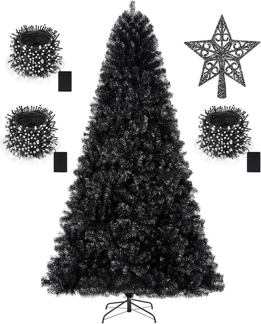KTKDE 7.5ft Black Christmas Tree Artificial Halloween Tree Decorations with 1,450 Tips-1pcs Treetop Star 3 Set 300 Led String Lights, Pencil Christmas Tree Indoor Holiday Party Decorations