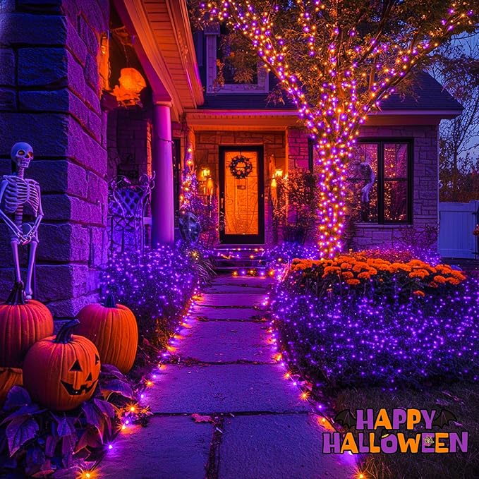 JMEXSUSS 600 LED Orange and Purple Solar Halloween Lights, 206.7ft Solar String Lights Outdoor Waterproof, 8 Modes String Light for Outside Christmas Tree Patio Yard Garden Halloween Decorations