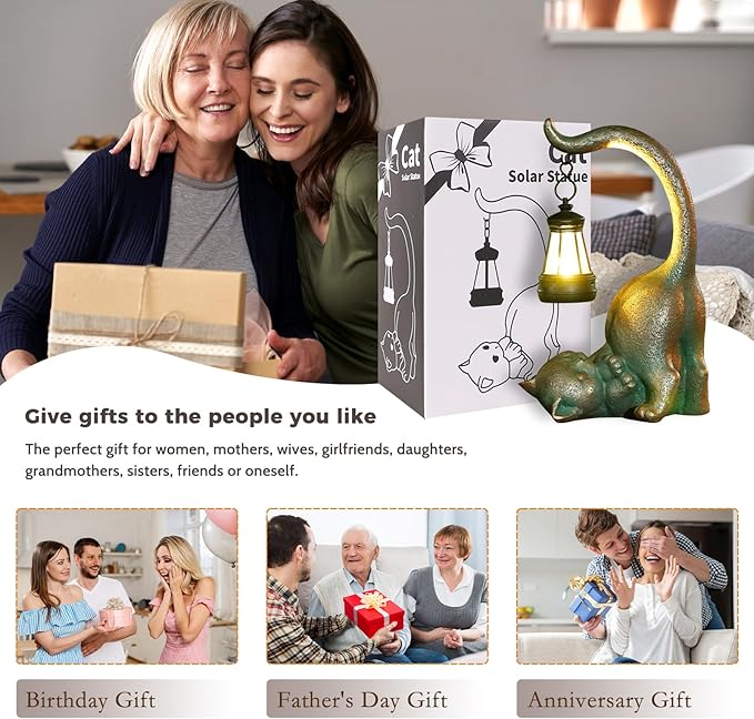 Cat Garden Statue Outside Decor with Lantern for Yard Art Lawn Ornaments Porch Patio Balcony Home House Birthday Gifts for Grandma Mom Women Sister Lover