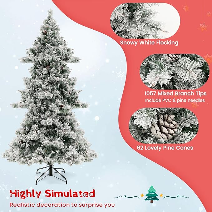 HAPPYGRILL 7 FT Pre-Lit Christmas Tree, Flocked Xmas Tree with Pine Needles, 1057 Branch Tips, 420 Warm White LED Lights & 62 Pine Cones, Hinged Xmas Tree with 2 Pairs of Gloves