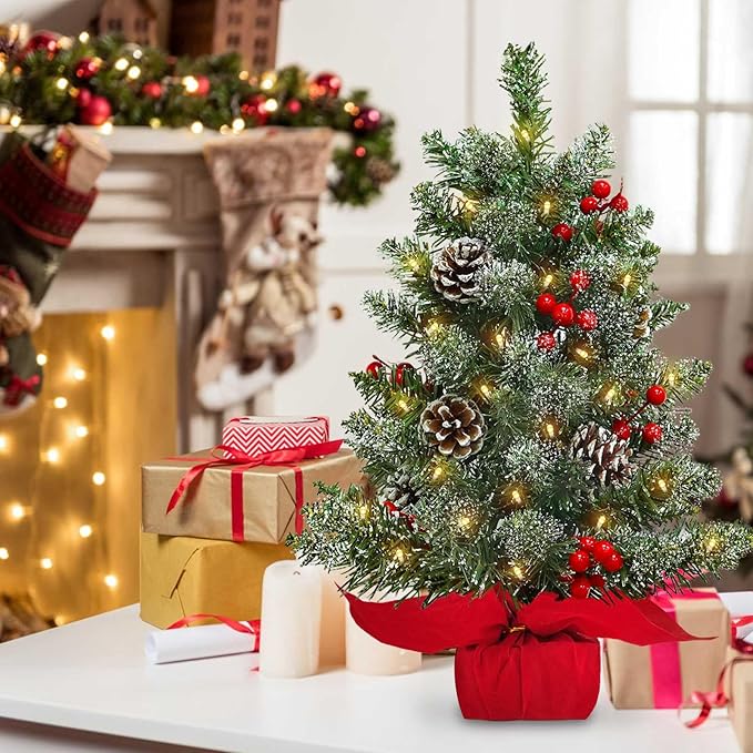 22 Inch Tabletop Christmas Tree with Lights Timer, Snowy Artificial Small Christmas Trees Battery Operated 30 Warm Lights Red Berries Pine Cone Stable Base Mini Tree Xmas Decorations Indoor Holiday