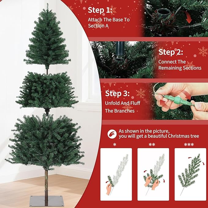 GarveeHome Pencil Christmas Tree 7.5 ft Pre-lit Alpine Slim Holiday Decoration, Lighted Skinny Décor LED Lights, Metal Stand, 7.5 ft Xmas Tree for Room, Bedroom, Apartment, Outdoor, Office, 7.5 Foot