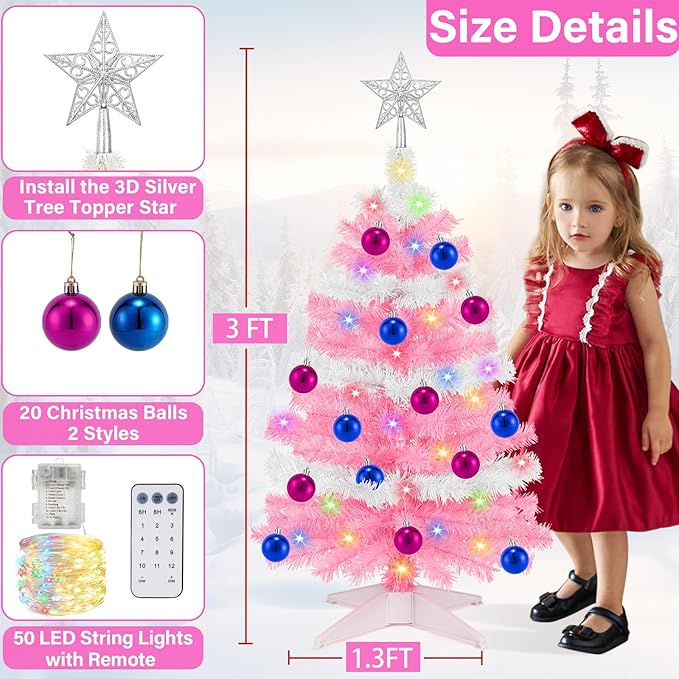 [ Timer & 12 Modes ] 3 Ft Pink & White Valentines Christmas Tree with 50 Warm White&Color Lights 20 Ball Ornaments 3D Star Battery Operated Remote Small Valentines Tree Valentines Day Decorations