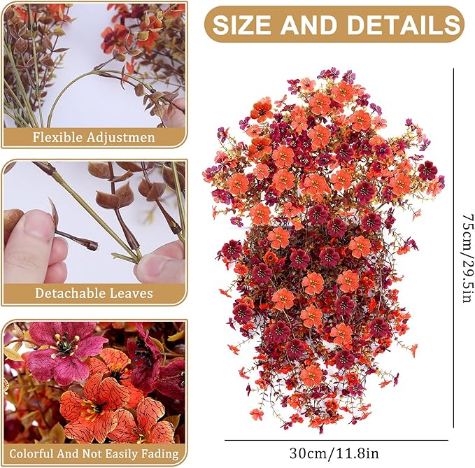 Outdoor Artificial Fall Flowers 6PCS, All Weather Fade Proof, UV Resistant Waterproof Realistic Faux Silk Mums Daisies Orange & Brown for Hanging Planters Porch Patio Balcony Deck Fence Garden Decor