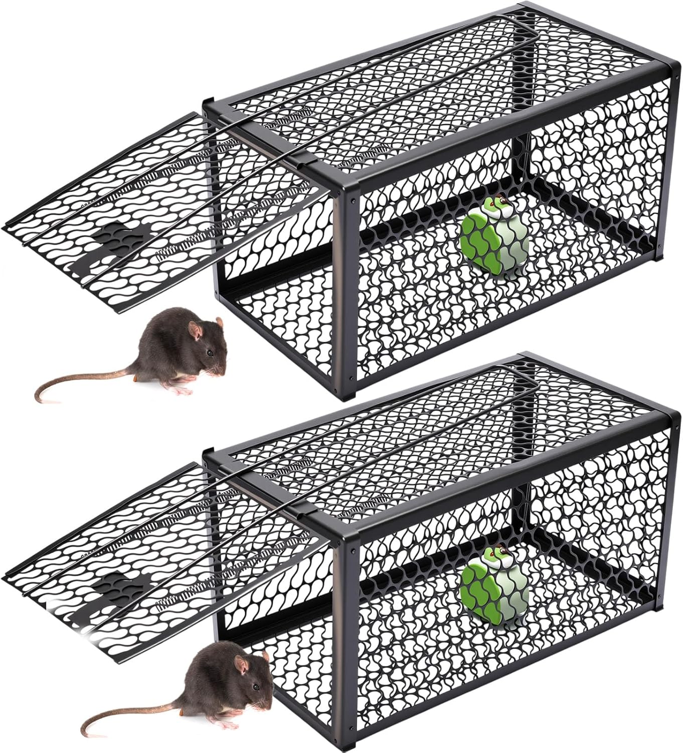 Qualirey 2 Pcs Humane Rat Trap Chipmunk Rodent Mouse Squirrel Trap 11 x 6 x 6 Inches Live Animal Mouse Voles Hamsters Live Cage Rat Cage for Mice Easy to Catch and Release, Black