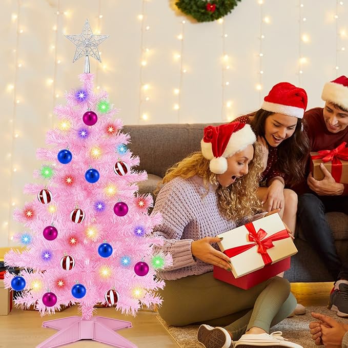 [ Timer & 12 Modes ] 3Ft Pink Christmas Tree with 50 Warm White&Color Lights 3D Star Battery Operated Christmas Day Decor Tree Indoor Home Tables Holiday Christmas Decorations