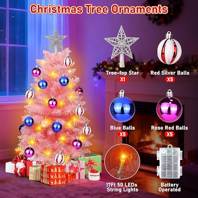 [Timer & 8 Modes] 3FT Pink Christmas Tree with Lights, Artificial Small Christmas Tree with Star -Includes 15 Xmas Balls Ornament Pink Xmas Trees Decorations for Home, Office, Indoor and Outdoor