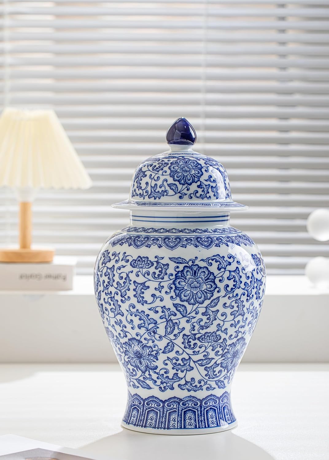 Blue and White Ginger Jar, Ceramic Chinoiserie Decorative Jars for Home, Office, Flower Vase Pocelain, Glossy Vase for Table, Living Room, Bookshelf, Mantle Fireplace, Centerpieces,15" H