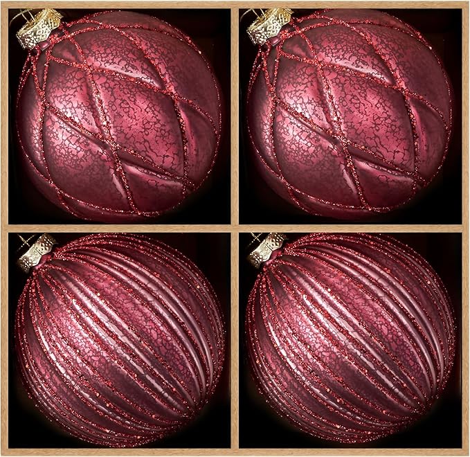 DN DECONATION 4PCS Christmas Ball Ornaments – 4” Burgundy Glass Hanging Ball Ornaments Set for Christmas Tree with Shimmering Silver Lines, Winter Home Decor Xmas Party Decorations Wedding