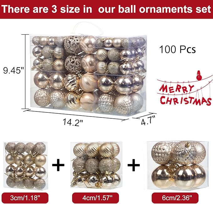 100PCS Christmas Ball Ornaments, Assorted Shatterproof Christmas Tree Decorations, Seasonal Decorative Hanging Baubles Decor Set for Xmas/Holiday/Party, Glitter&Painting Ornament Set (Champagne)