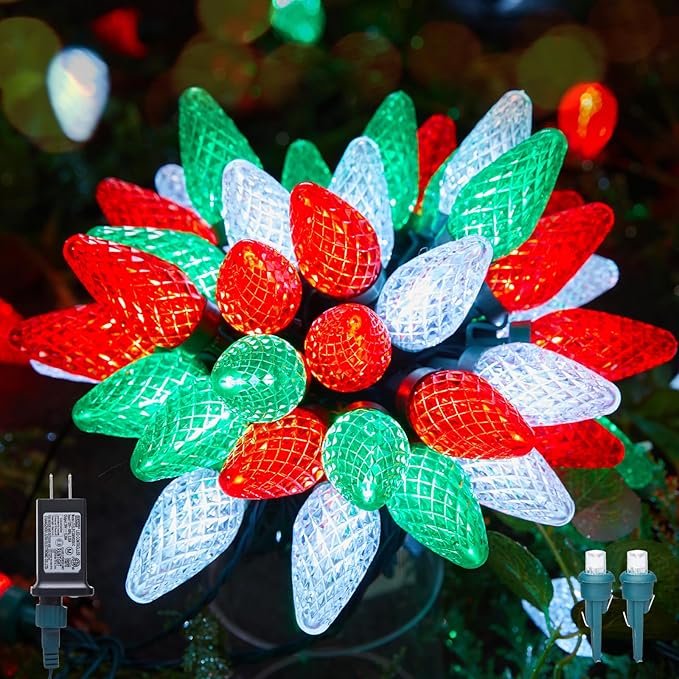 C9 LED Christmas Lights Outdoor, 81 Feet 100 LED String Lights with Timer & 8 Light Mode, Waterproof Connectable Christmas Tree Lights for Outside Indoor Roofline Patio Decor, Red, Green & Pure White
