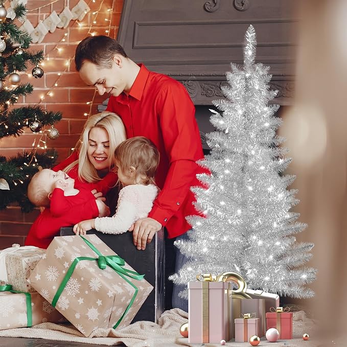 4ft Artificial Full Silver Christmas Tree with Separate Lights, Not Pre-lit Mini Silver Tinsel Pine Christmas Tree, 50 Lights, Small Xmas Tree for Home, Office, Party Decoration, Indoor