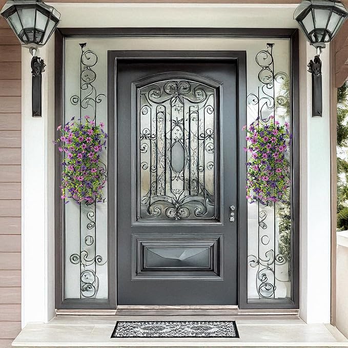 Artificial Hanging Flowers Plants for Outdoor Spring Decoration, 2 PCS Fake Silk Daisy Flower Planter UV Resistant Look Real for Outside Patio Porch Home Summer Decor (Double Purple)