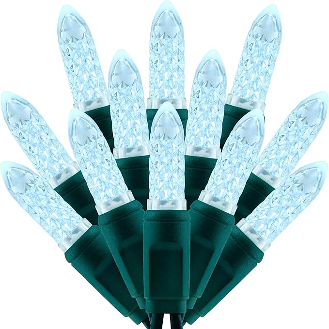 100 Cool White Faceted One-Piece LED Christmas Lights, 33 ft Green Cord High Waterproof UL Certified M6 Outdoor String Lights (Cool White)