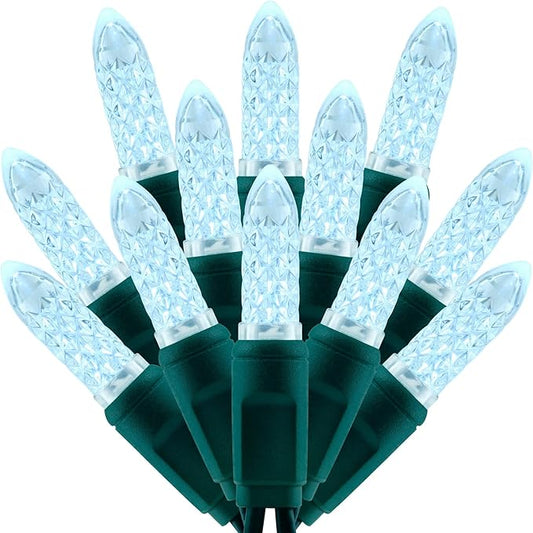 100 Cool White Faceted One-Piece LED Christmas Lights, 33 ft Green Cord High Waterproof UL Certified M6 Outdoor String Lights (Cool White)