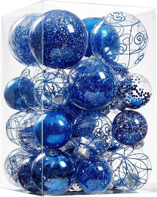 Wironlst Christmas Ball Ornaments Shatterproof Clear Large Plastic Hanging Ball Decorative Baubles Set with Stuffed Delicate Decorations (Multi-Size, Blue)