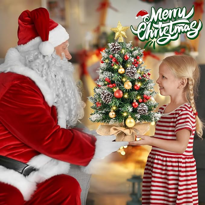 Mini Christmas Tree with Lights, 24 Inch Tabletop Christmas Tree with Berries Star Treetop Ornaments Balls Artificial Small XMS Tree for Table Desk Home Christmas Holiday Decor