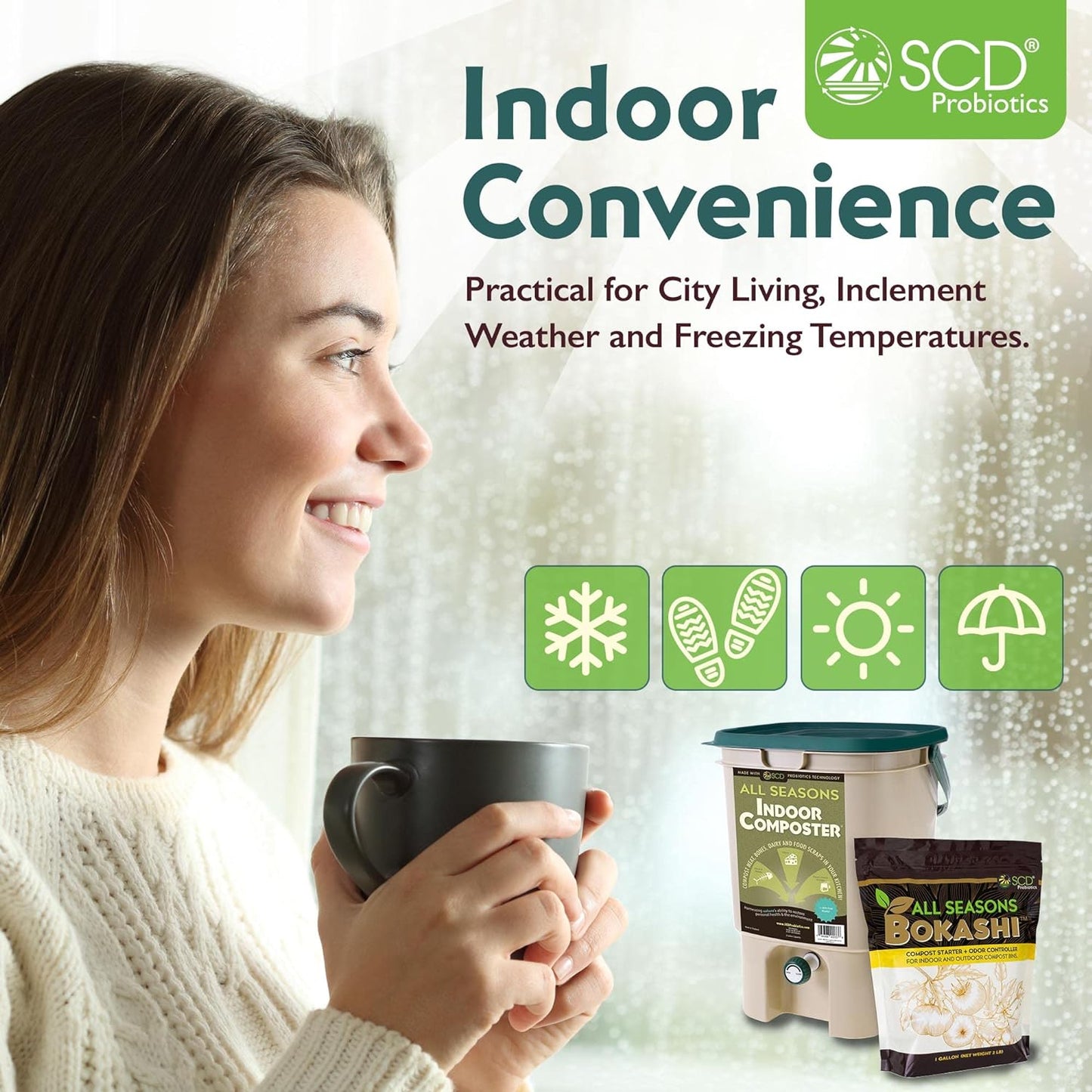 All Seasons Indoor Composter Starter Kit – 5 Gallon Tan Compost Bin For Kitchen Countertop With Lid, Spigot & 1 Gallon (2 lbs.) Bag Of Dry Bokashi Bran – by SCD Probiotics